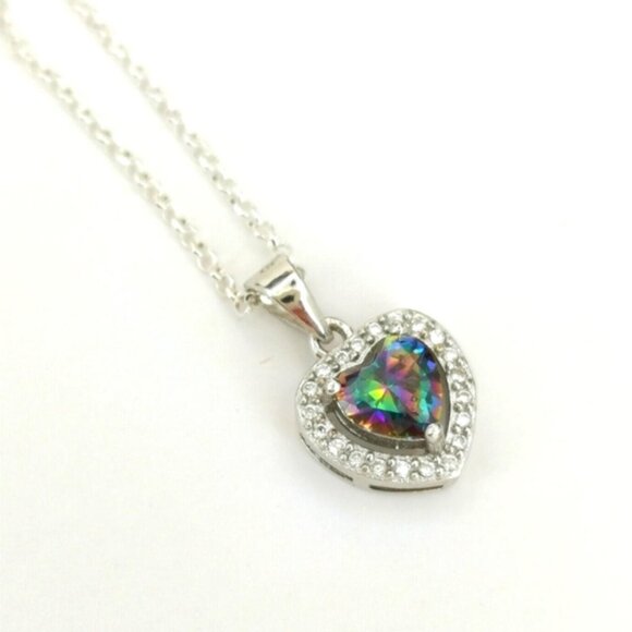 🆕 Mystic Topaz with Cz Halo pendant Necklace in Sterling Silver Heart - Picture 1 of 7
